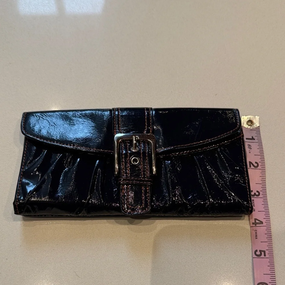 L. Erickson Trifold Envelope Style Patent Leather Black Clutch with Buckle